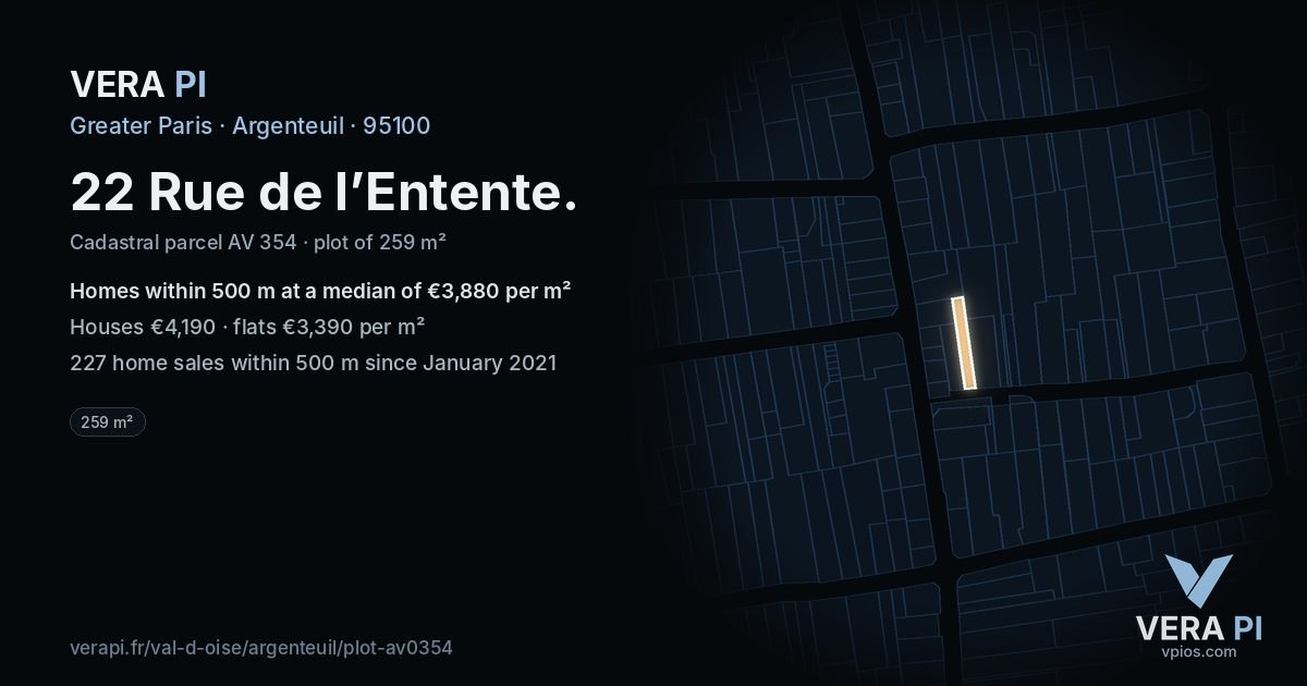 22 Rue de l’Entente, Argenteuil at night – the plot lit, the parcels around coloured by the prices near them