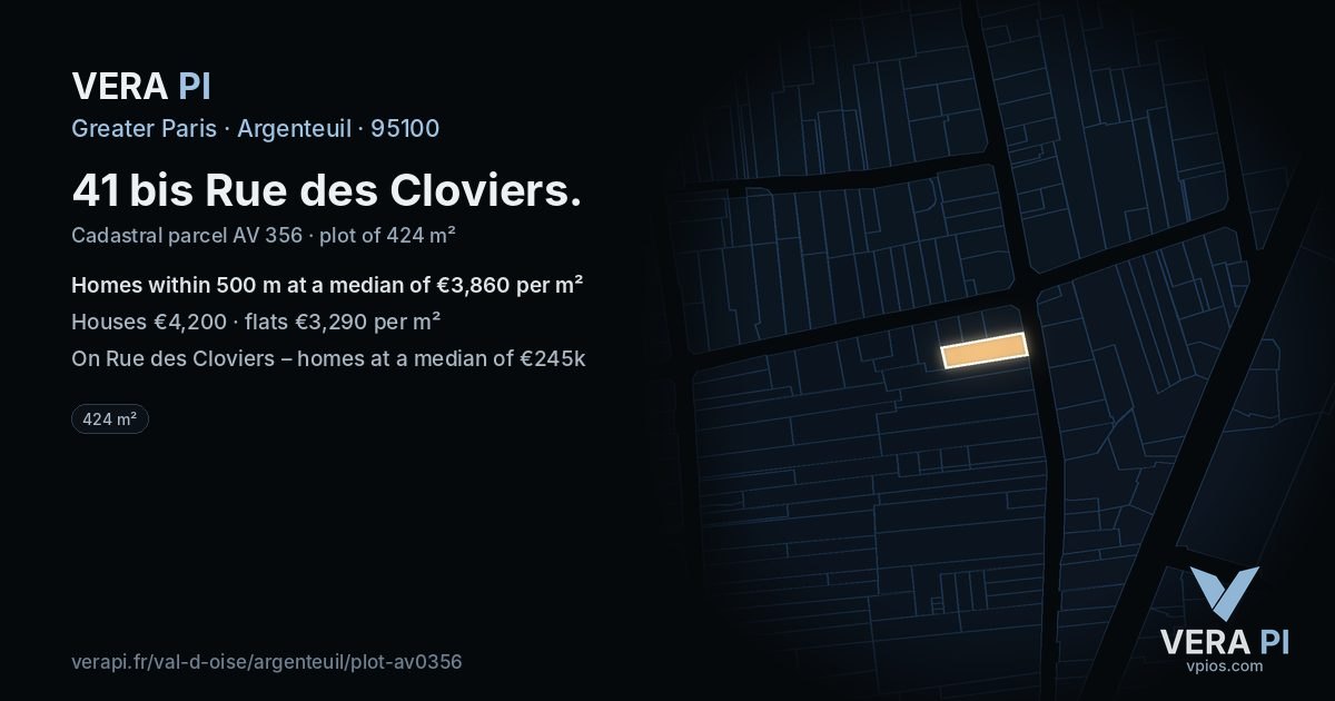 41 bis Rue des Cloviers, Argenteuil at night – the plot lit, the parcels around coloured by the prices near them