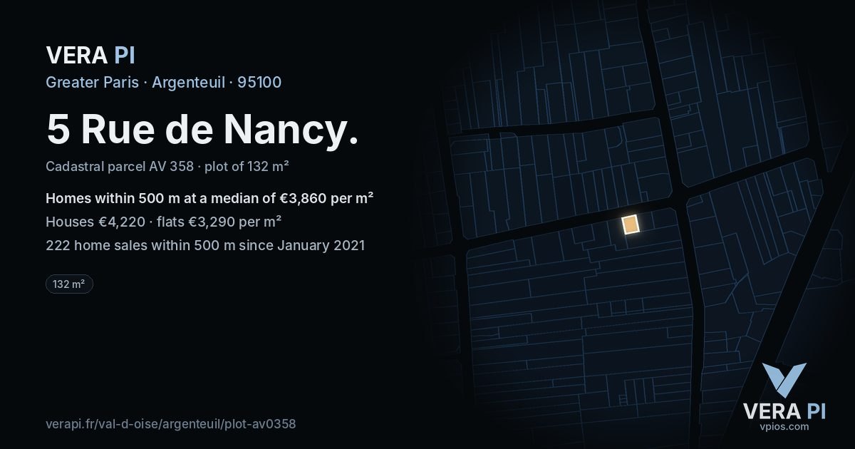 5 Rue de Nancy, Argenteuil at night – the plot lit, the parcels around coloured by the prices near them