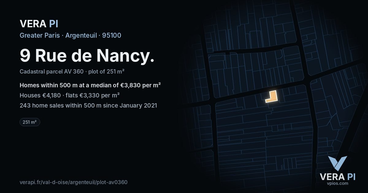 9 Rue de Nancy, Argenteuil at night – the plot lit, the parcels around coloured by the prices near them
