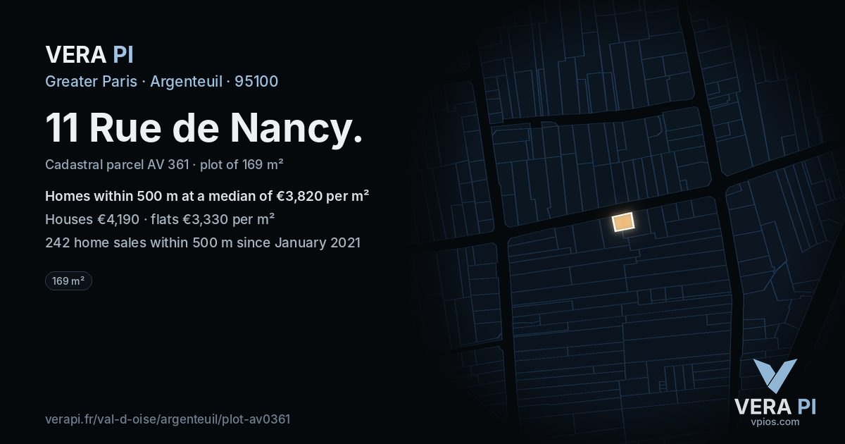 11 Rue de Nancy, Argenteuil at night – the plot lit, the parcels around coloured by the prices near them