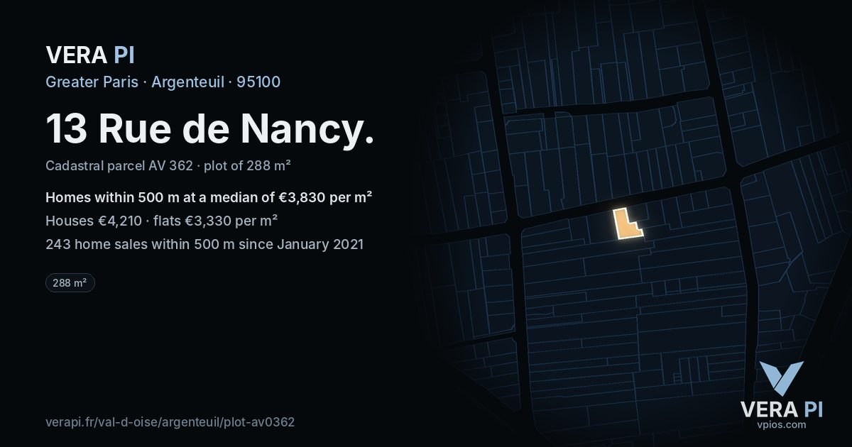 13 Rue de Nancy, Argenteuil at night – the plot lit, the parcels around coloured by the prices near them