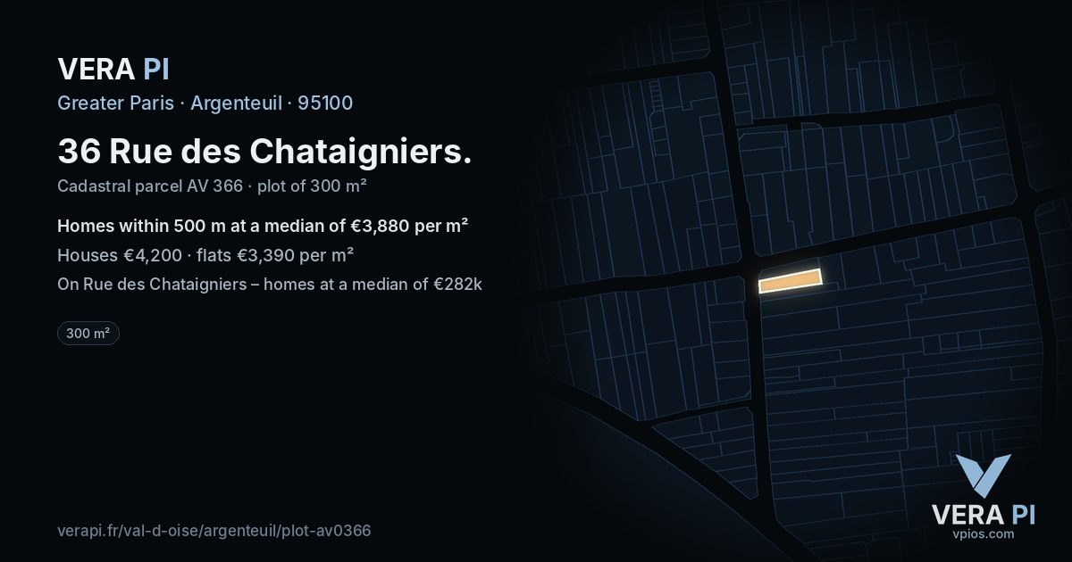 36 Rue des Chataigniers, Argenteuil at night – the plot lit, the parcels around coloured by the prices near them
