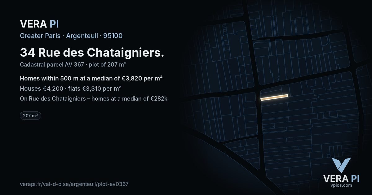 34 Rue des Chataigniers, Argenteuil at night – the plot lit, the parcels around coloured by the prices near them