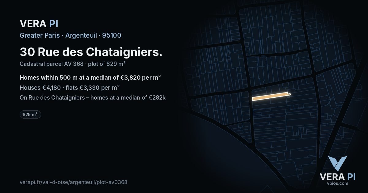 30 Rue des Chataigniers, Argenteuil at night – the plot lit, the parcels around coloured by the prices near them