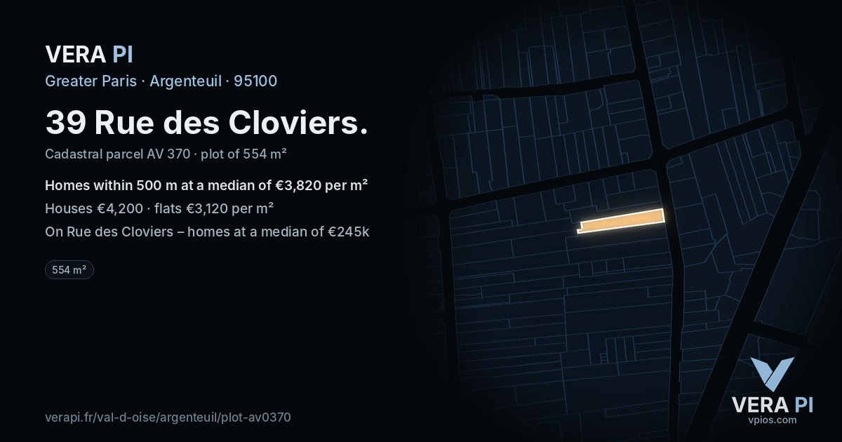 39 Rue des Cloviers, Argenteuil at night – the plot lit, the parcels around coloured by the prices near them