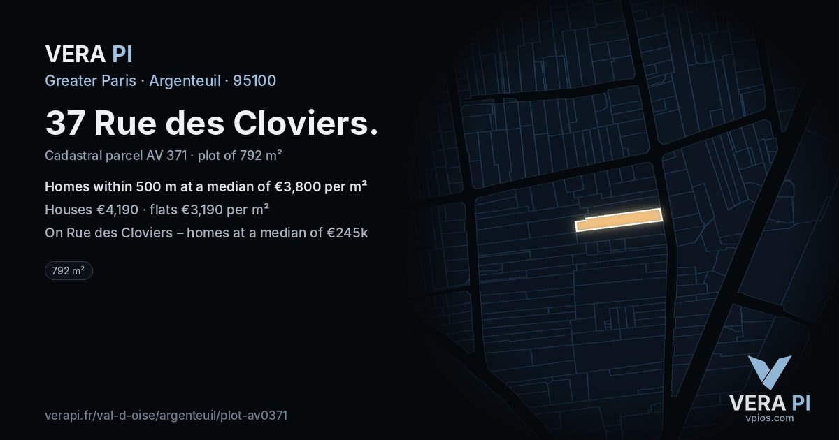 37 Rue des Cloviers, Argenteuil at night – the plot lit, the parcels around coloured by the prices near them