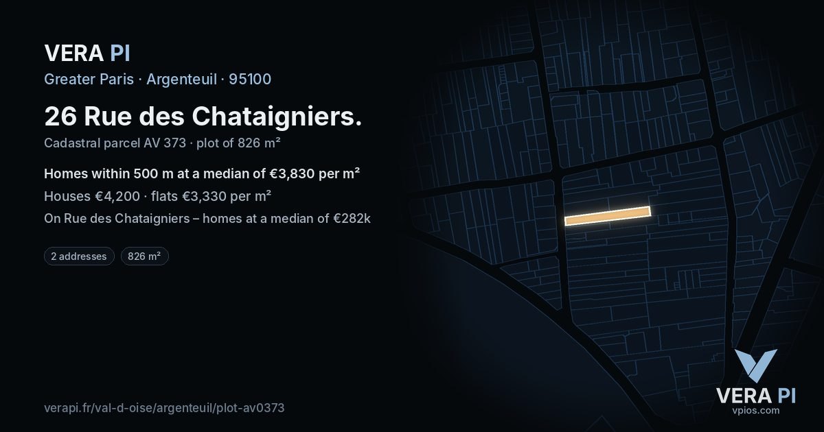 26 Rue des Chataigniers, Argenteuil at night – the plot lit, the parcels around coloured by the prices near them