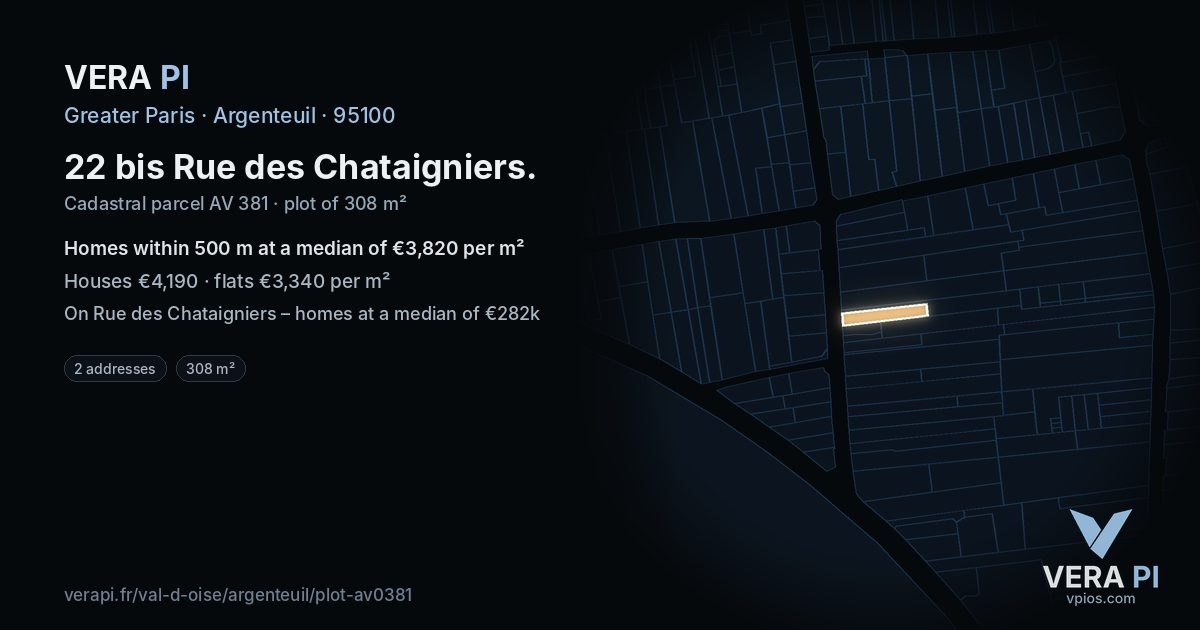 22 bis Rue des Chataigniers, Argenteuil at night – the plot lit, the parcels around coloured by the prices near them