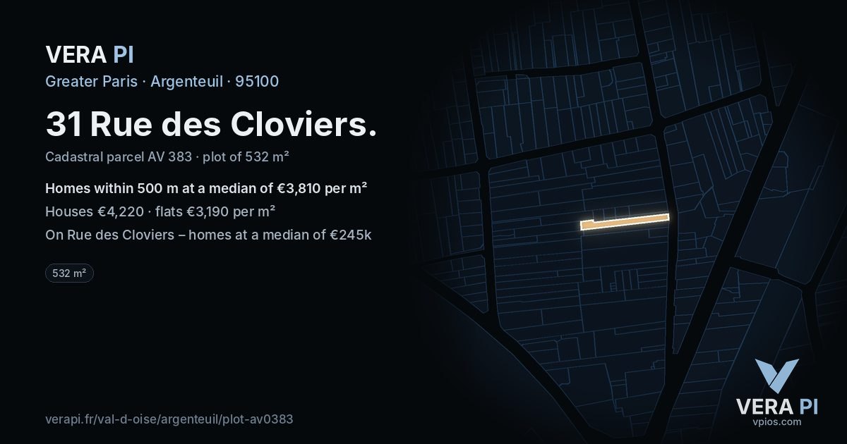31 Rue des Cloviers, Argenteuil at night – the plot lit, the parcels around coloured by the prices near them