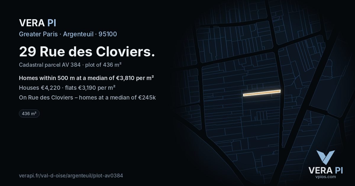 29 Rue des Cloviers, Argenteuil at night – the plot lit, the parcels around coloured by the prices near them