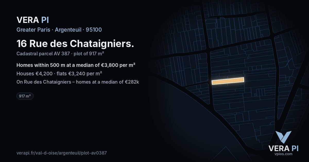 16 Rue des Chataigniers, Argenteuil at night – the plot lit, the parcels around coloured by the prices near them