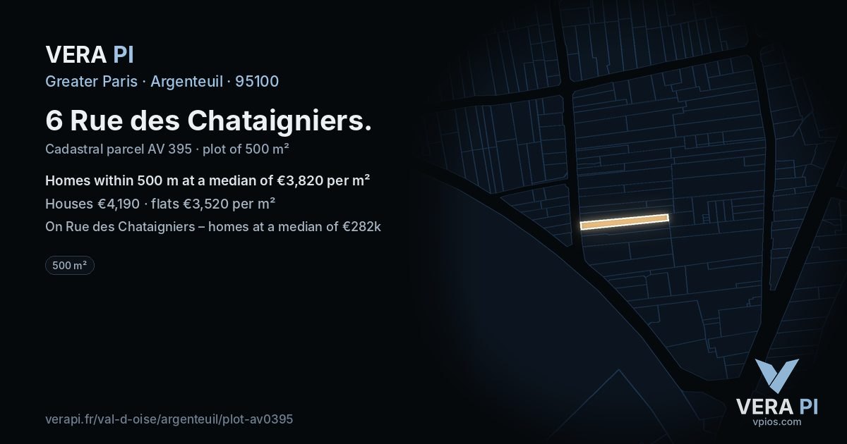6 Rue des Chataigniers, Argenteuil at night – the plot lit, the parcels around coloured by the prices near them