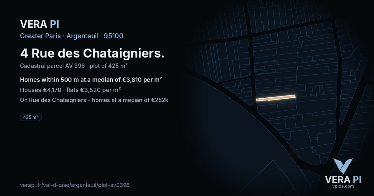 4 Rue des Chataigniers, Argenteuil at night – the plot lit, the parcels around coloured by the prices near them