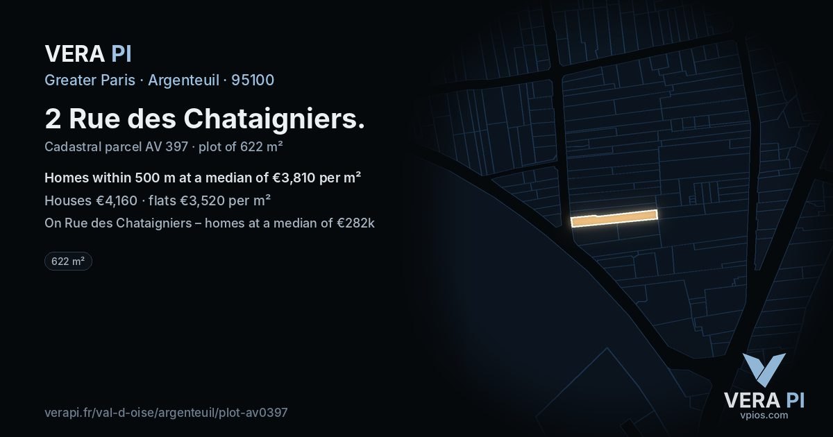 2 Rue des Chataigniers, Argenteuil at night – the plot lit, the parcels around coloured by the prices near them