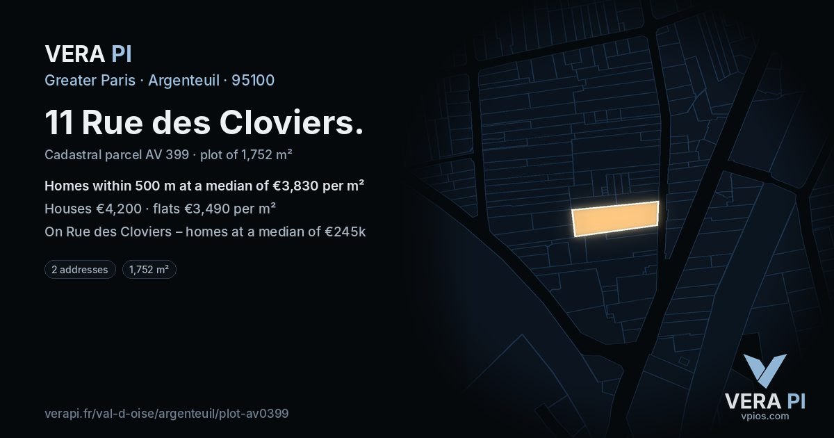 11 Rue des Cloviers, Argenteuil at night – the plot lit, the parcels around coloured by the prices near them