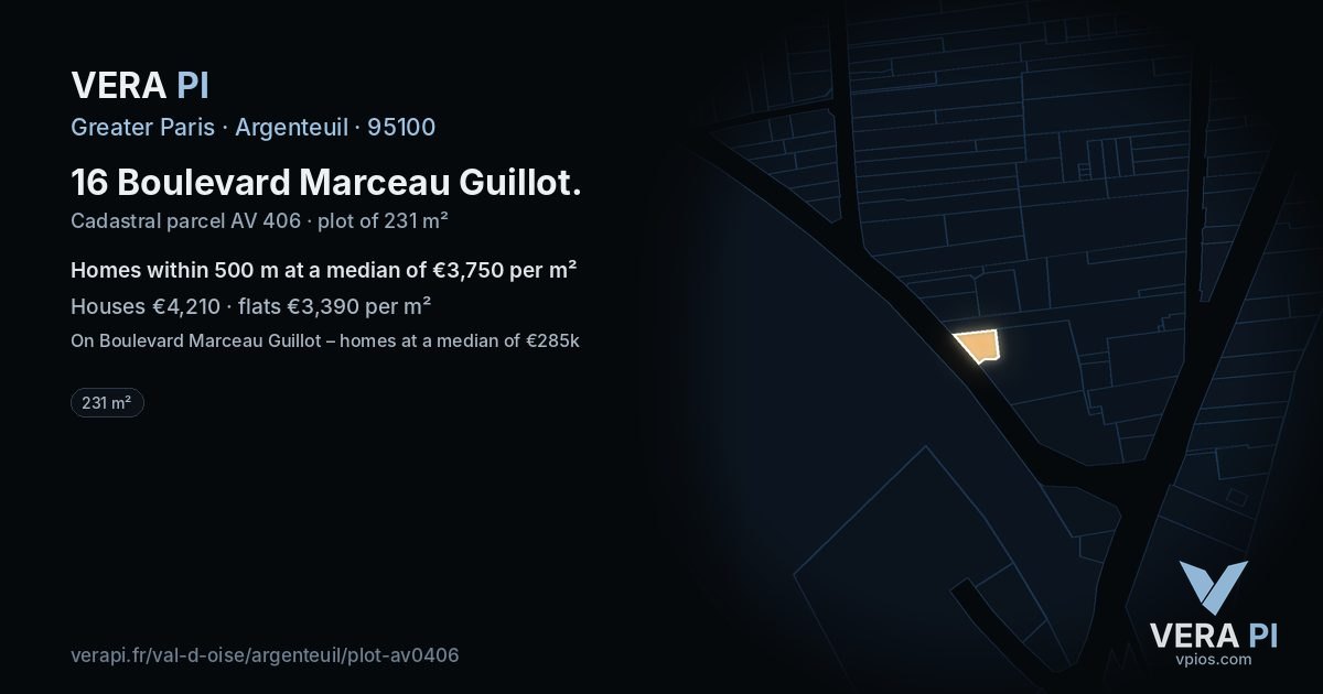 16 Boulevard Marceau Guillot, Argenteuil at night – the plot lit, the parcels around coloured by the prices near them