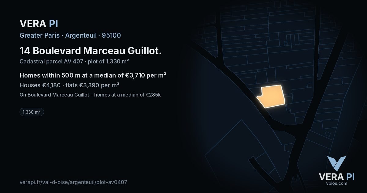 14 Boulevard Marceau Guillot, Argenteuil at night – the plot lit, the parcels around coloured by the prices near them