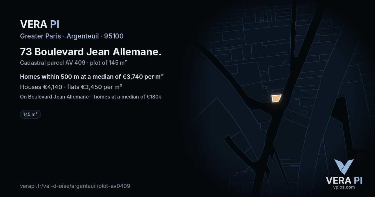 73 Boulevard Jean Allemane, Argenteuil at night – the plot lit, the parcels around coloured by the prices near them