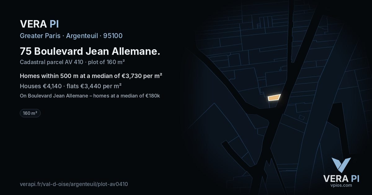 75 Boulevard Jean Allemane, Argenteuil at night – the plot lit, the parcels around coloured by the prices near them