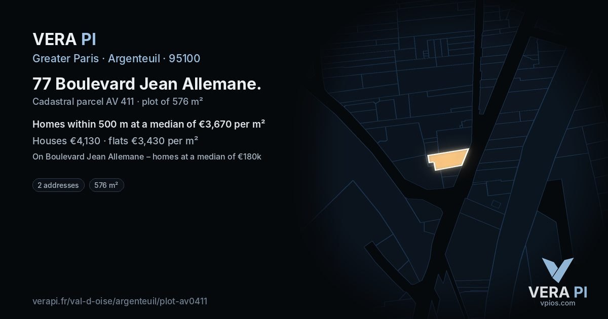 77 Boulevard Jean Allemane, Argenteuil at night – the plot lit, the parcels around coloured by the prices near them