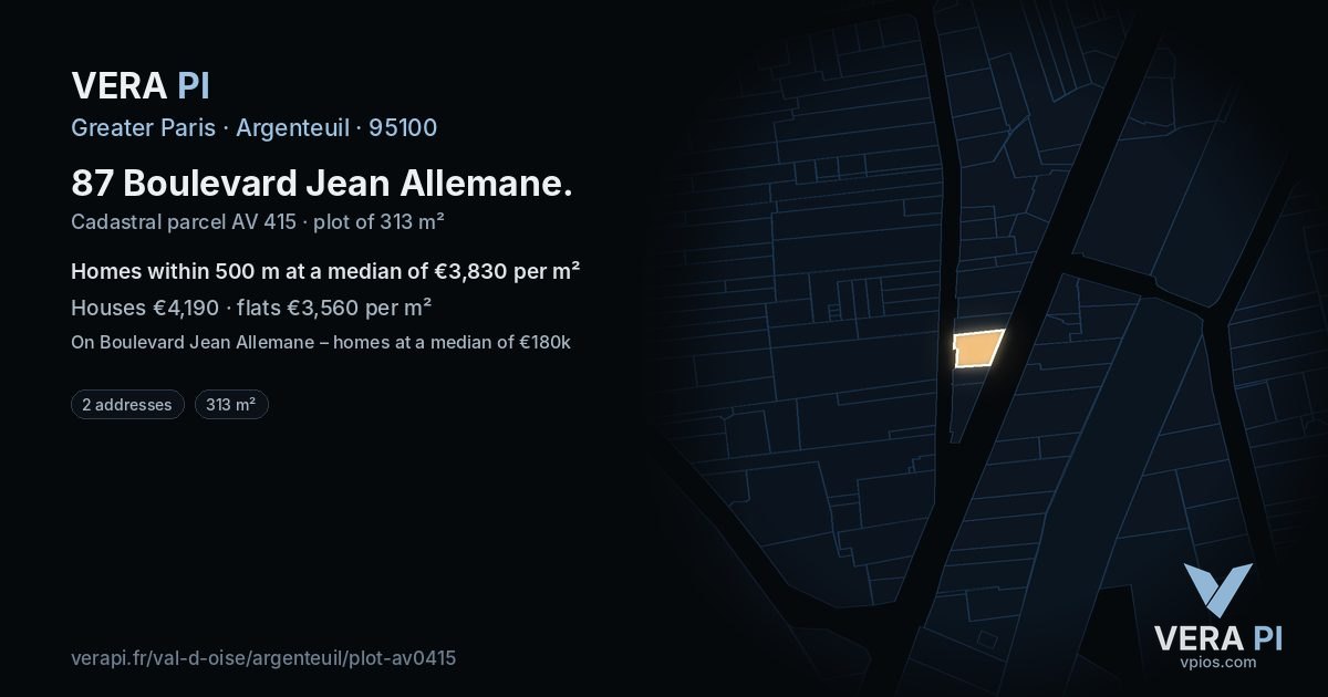 87 Boulevard Jean Allemane, Argenteuil at night – the plot lit, the parcels around coloured by the prices near them