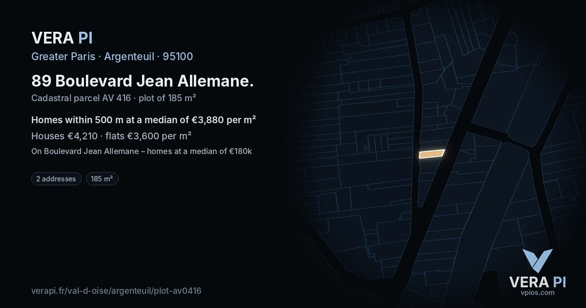 89 Boulevard Jean Allemane, Argenteuil at night – the plot lit, the parcels around coloured by the prices near them