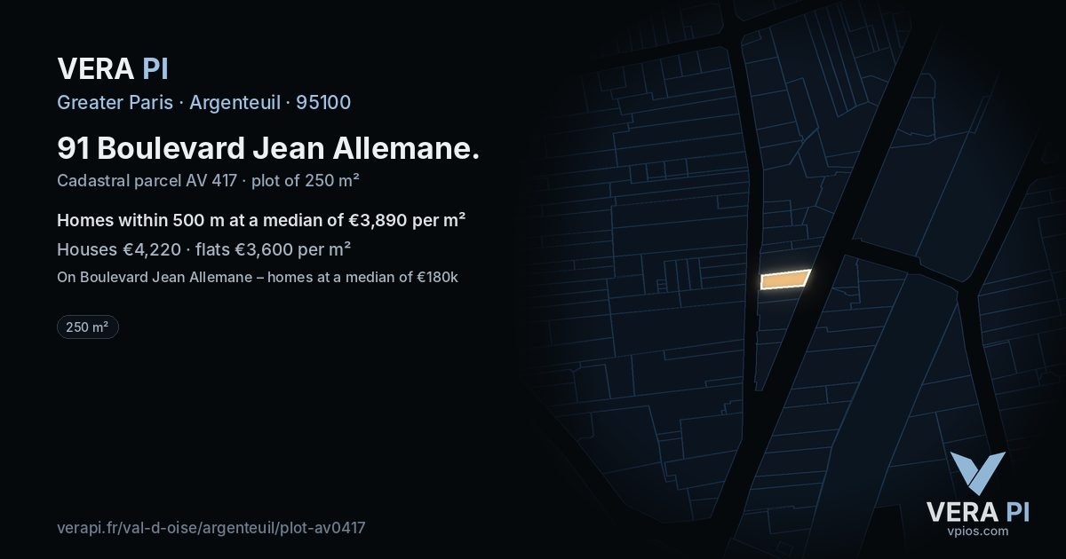 91 Boulevard Jean Allemane, Argenteuil at night – the plot lit, the parcels around coloured by the prices near them
