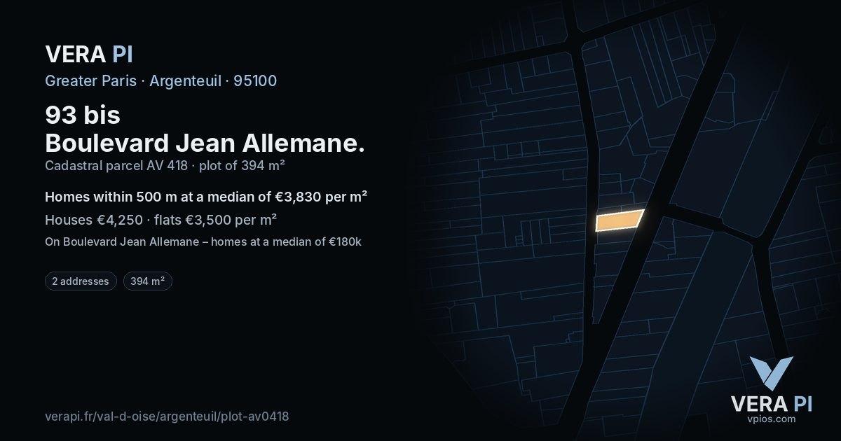 93 bis Boulevard Jean Allemane, Argenteuil at night – the plot lit, the parcels around coloured by the prices near them