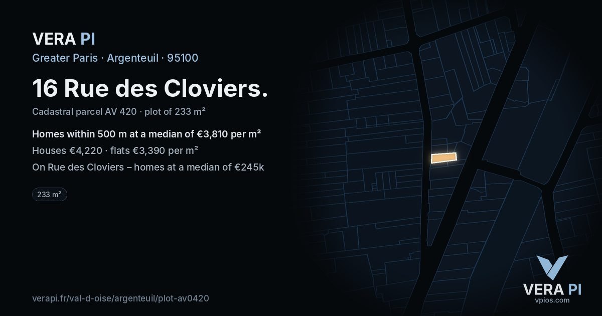 16 Rue des Cloviers, Argenteuil at night – the plot lit, the parcels around coloured by the prices near them