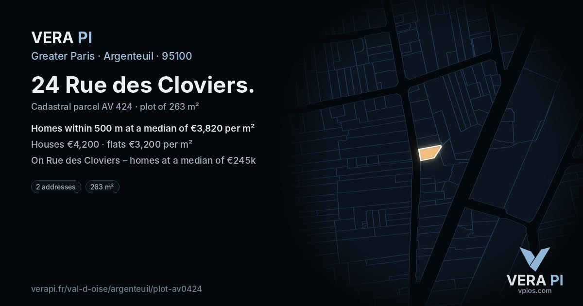 24 Rue des Cloviers, Argenteuil at night – the plot lit, the parcels around coloured by the prices near them