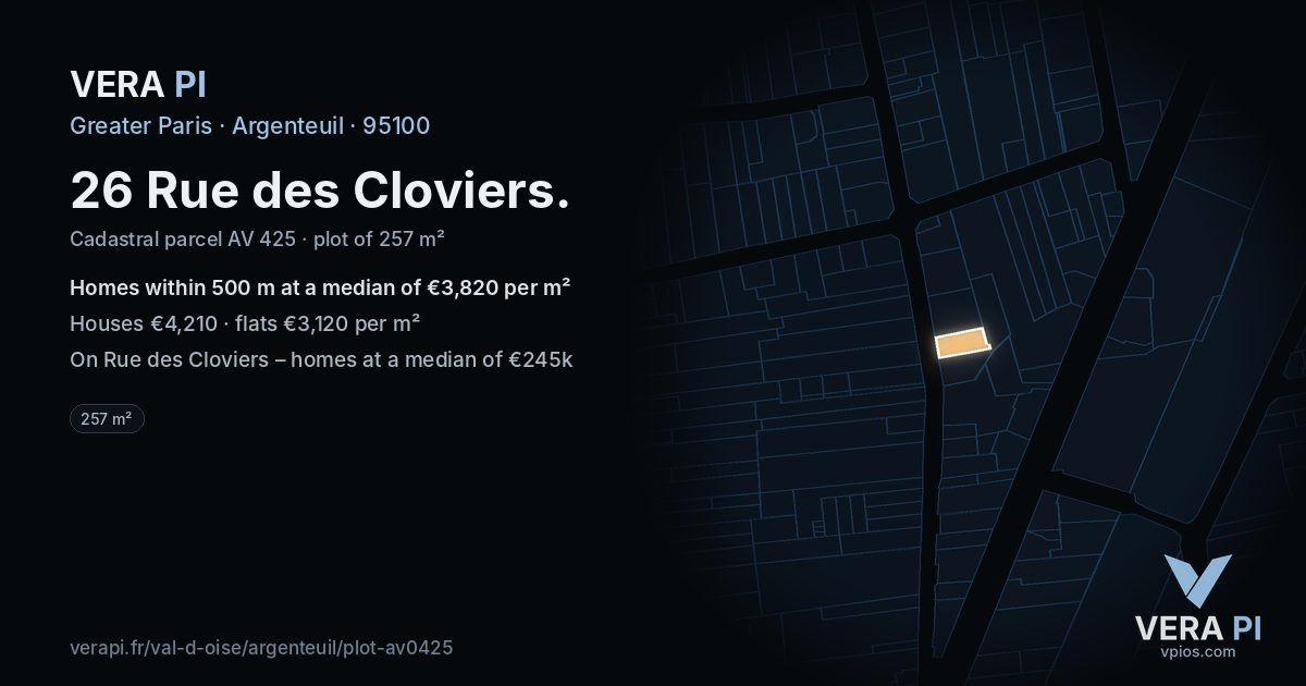 26 Rue des Cloviers, Argenteuil at night – the plot lit, the parcels around coloured by the prices near them