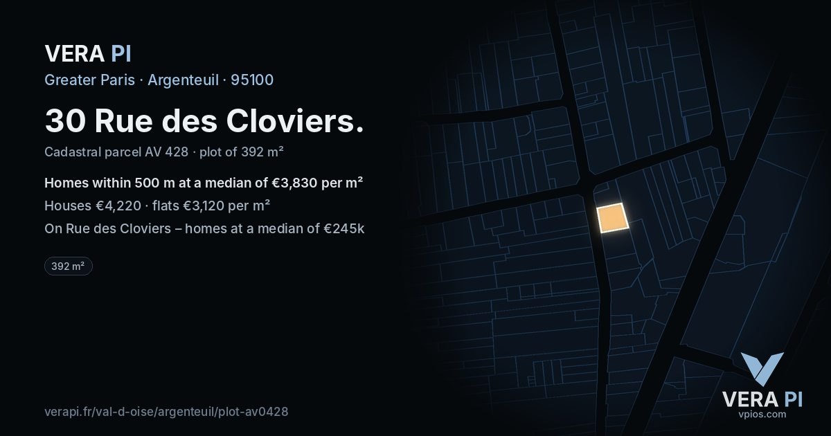 30 Rue des Cloviers, Argenteuil at night – the plot lit, the parcels around coloured by the prices near them