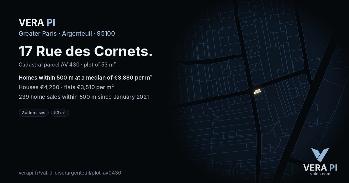17 Rue des Cornets, Argenteuil at night – the plot lit, the parcels around coloured by the prices near them