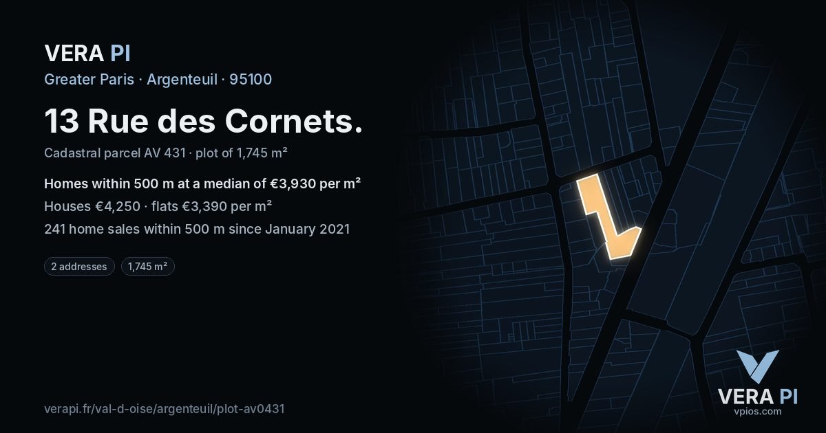 13 Rue des Cornets, Argenteuil at night – the plot lit, the parcels around coloured by the prices near them