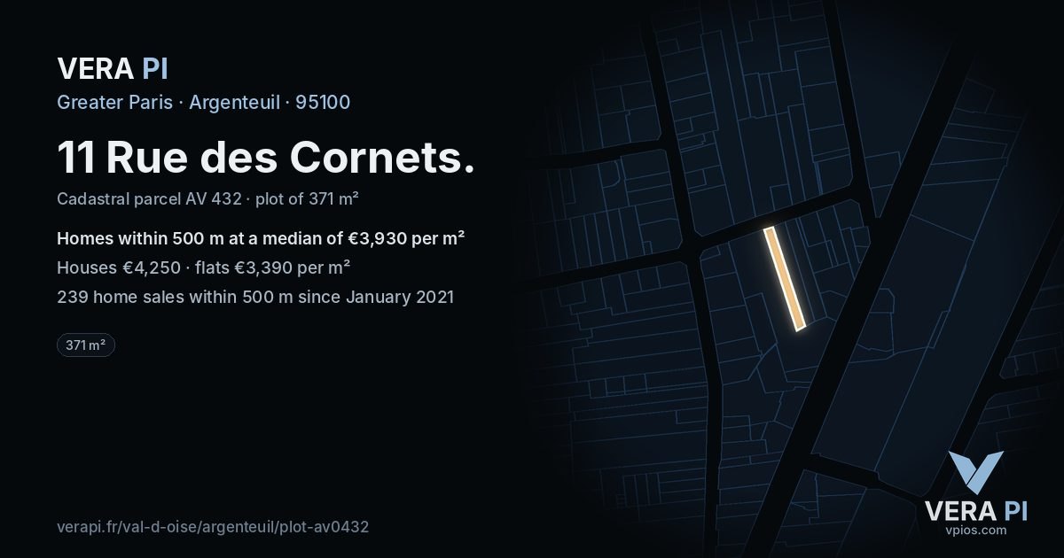 11 Rue des Cornets, Argenteuil at night – the plot lit, the parcels around coloured by the prices near them