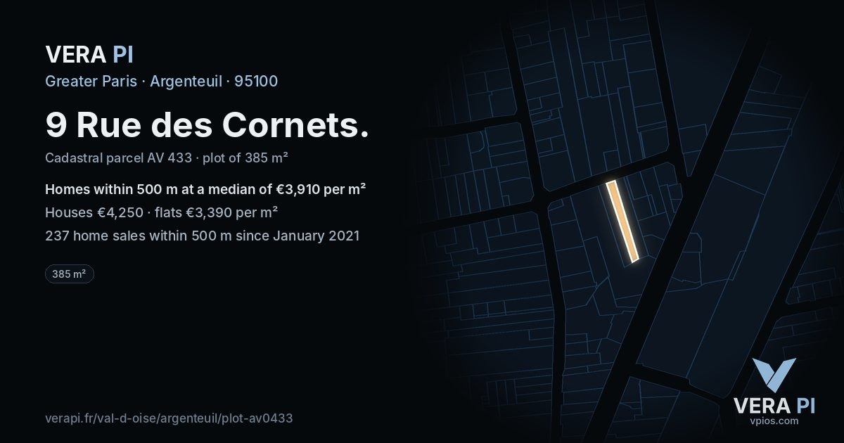 9 Rue des Cornets, Argenteuil at night – the plot lit, the parcels around coloured by the prices near them