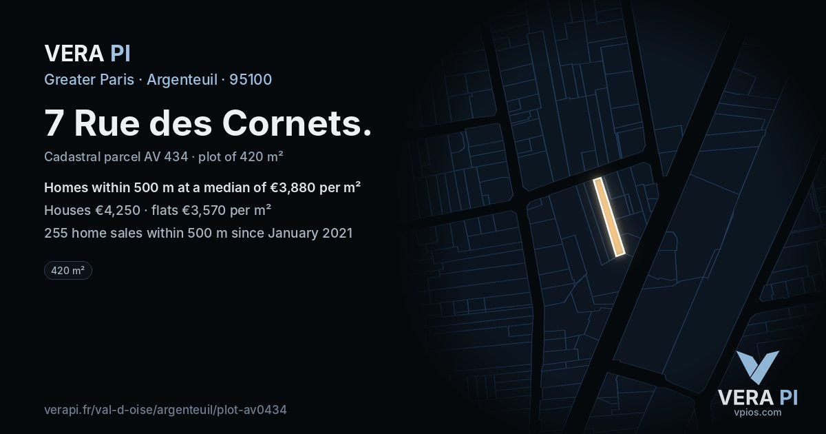 7 Rue des Cornets, Argenteuil at night – the plot lit, the parcels around coloured by the prices near them