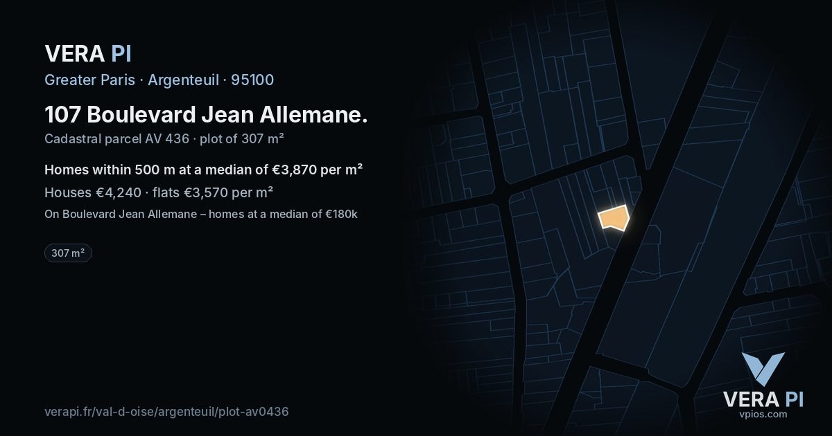 107 Boulevard Jean Allemane, Argenteuil at night – the plot lit, the parcels around coloured by the prices near them