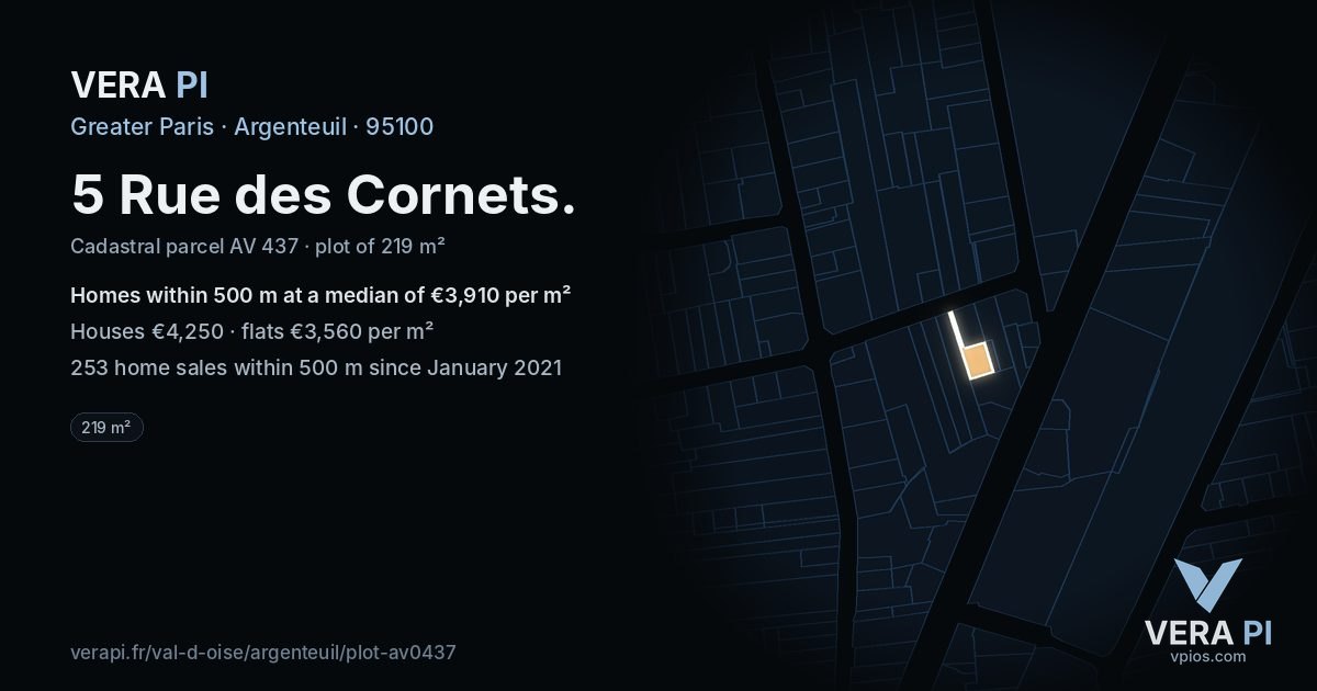 5 Rue des Cornets, Argenteuil at night – the plot lit, the parcels around coloured by the prices near them