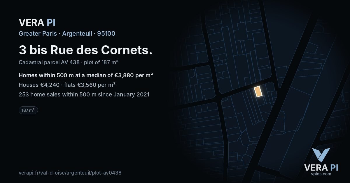 3 bis Rue des Cornets, Argenteuil at night – the plot lit, the parcels around coloured by the prices near them