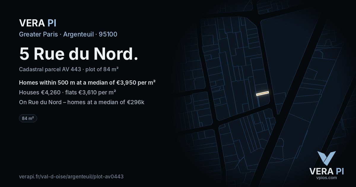 5 Rue du Nord, Argenteuil at night – the plot lit, the parcels around coloured by the prices near them