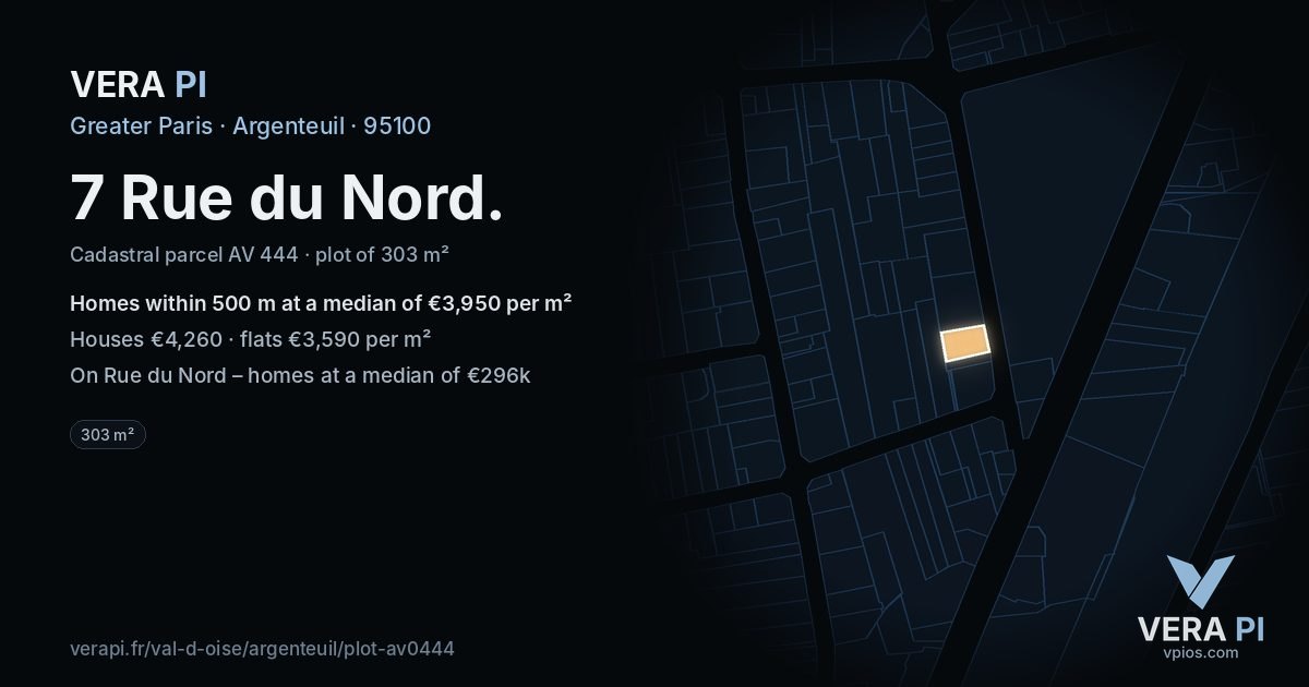 7 Rue du Nord, Argenteuil at night – the plot lit, the parcels around coloured by the prices near them