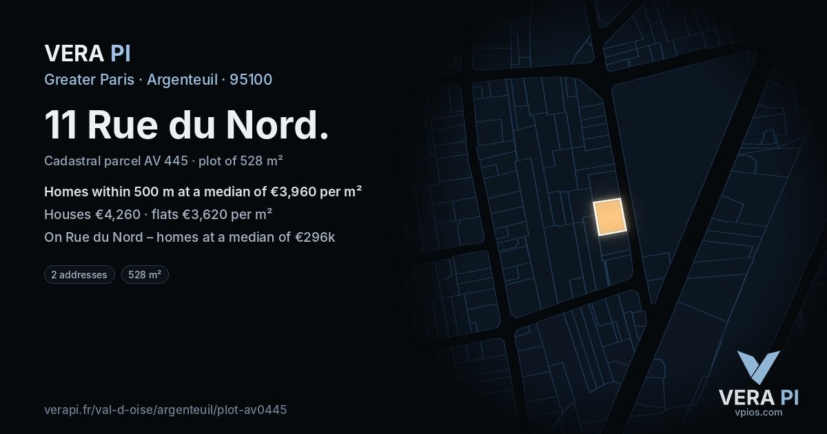 11 Rue du Nord, Argenteuil at night – the plot lit, the parcels around coloured by the prices near them
