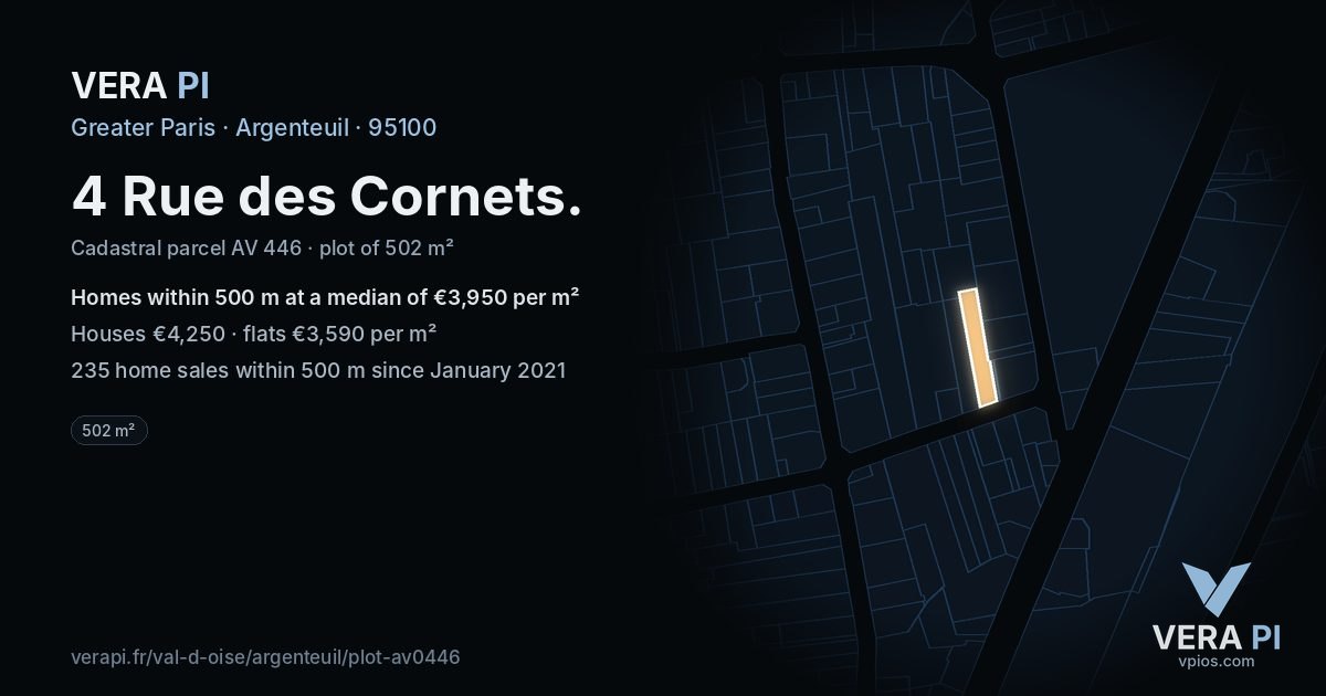 4 Rue des Cornets, Argenteuil at night – the plot lit, the parcels around coloured by the prices near them