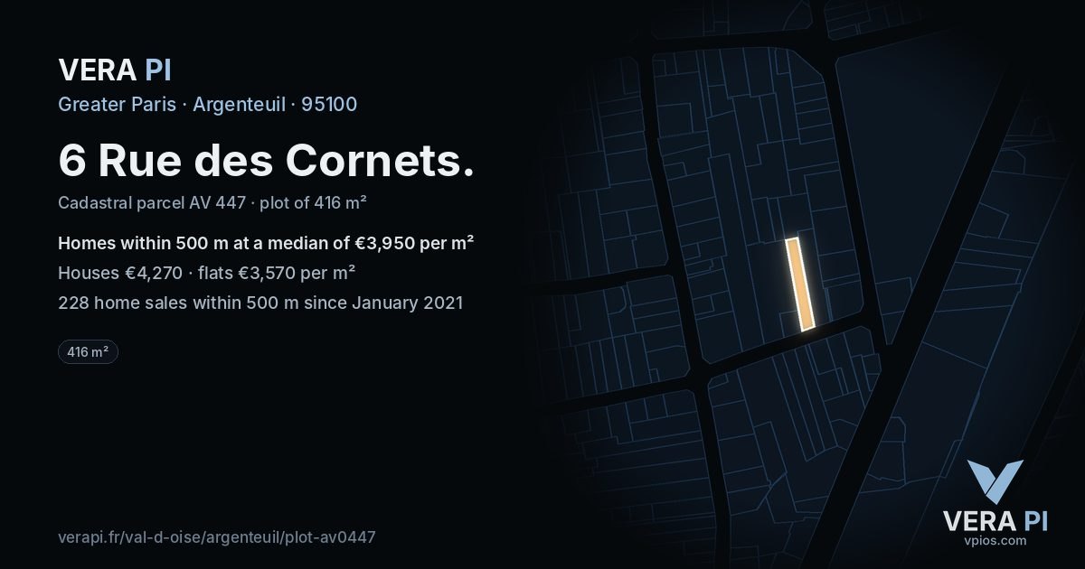 6 Rue des Cornets, Argenteuil at night – the plot lit, the parcels around coloured by the prices near them