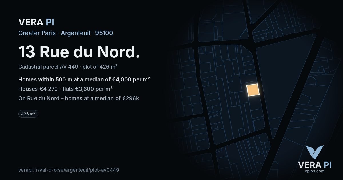 13 Rue du Nord, Argenteuil at night – the plot lit, the parcels around coloured by the prices near them