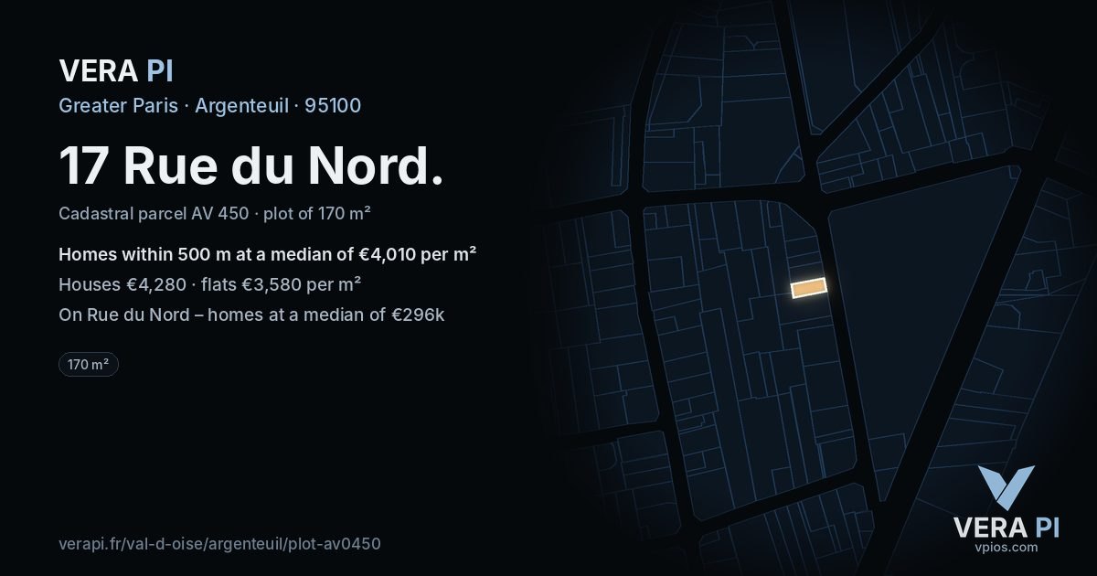 17 Rue du Nord, Argenteuil at night – the plot lit, the parcels around coloured by the prices near them