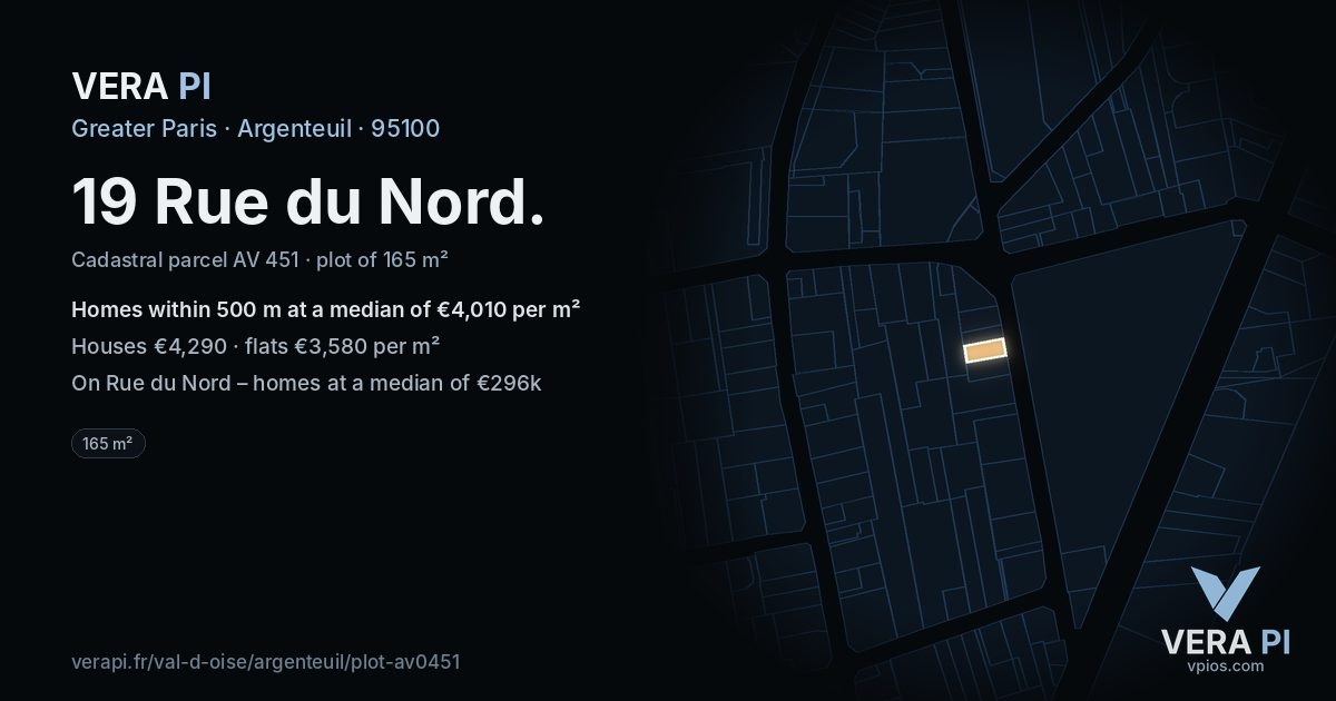 19 Rue du Nord, Argenteuil at night – the plot lit, the parcels around coloured by the prices near them
