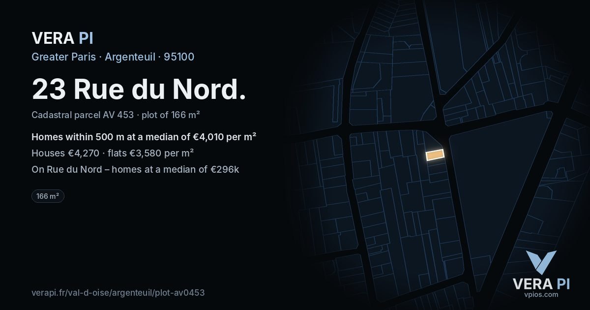 23 Rue du Nord, Argenteuil at night – the plot lit, the parcels around coloured by the prices near them